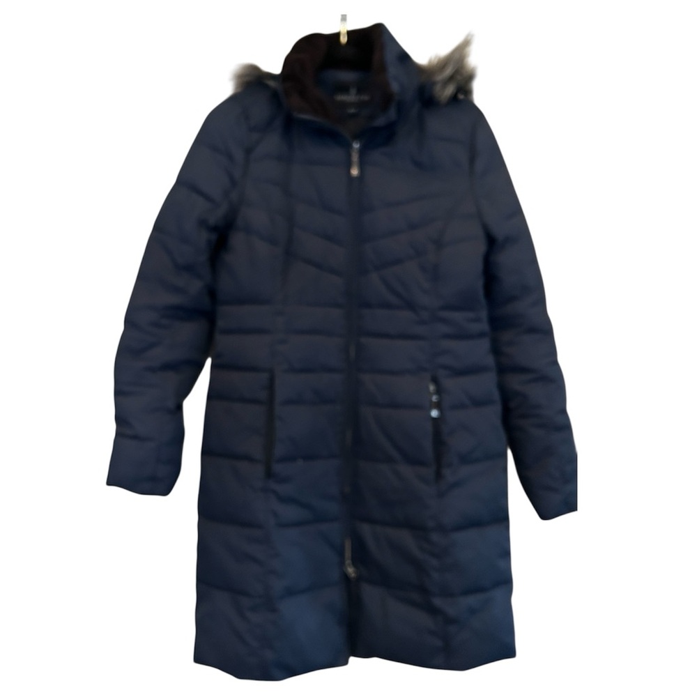 London Fog Women's Navy Puffer Coat with detachable Faux Fur Hood Sz xsmall